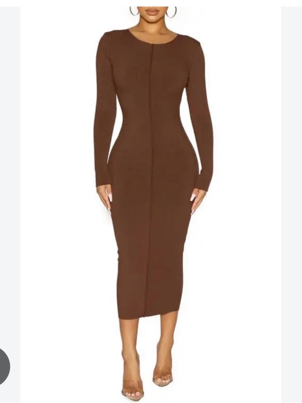 NWT naked wardrobe Snatched Me Bodycon Ribbed Brown Long-Sleeve Midi Dress XS